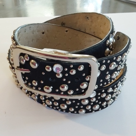 Boutique Accessories - Womens Black Leather Silver Studded & Crystals Stunning Belt Silver Buckle Sz.L